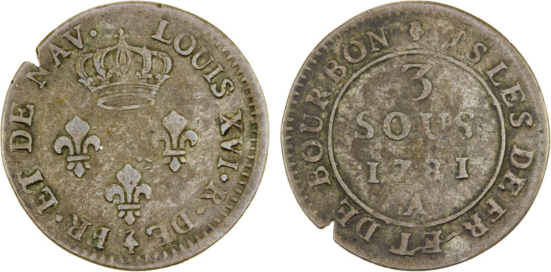 MAURITIUS: BI 3 sous, 1781-A, KM-2, Isle de France et de Bourbon issue, small ed...