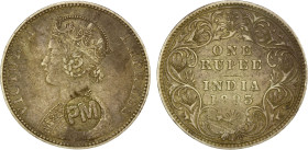 MOZAMBIQUE: Portuguese Colony, AR rupee, KM-54.2, "PM" countermark on 1893(b) British India rupee, likely a fantasy issue; choice EF on nearly EF host...