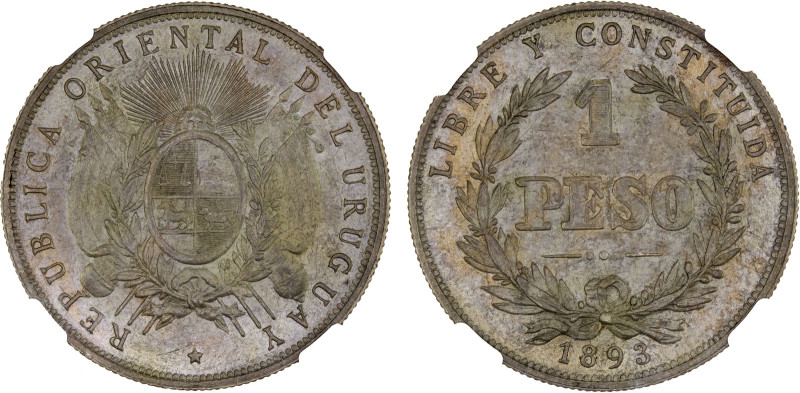 URUGUAY: Republic, AR peso, 1893, KM-17a, SA-30, CG-29, round top 3 variety, str...