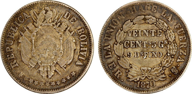 BOLIVIA: Republic, AR 20 centavos, 1870-PTS, KM-154.1, assayer ER, better date, ...