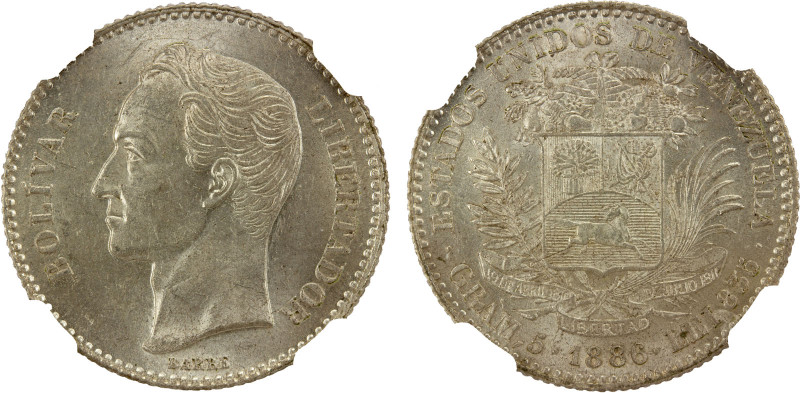 VENEZUELA: Republic, AR bolivar, 1886, Y-22, NCV-mv1bs-aa02v2, wide date variety...