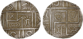 BHUTAN: Period IV, ca. 1910-1927, AR 1/2 rupee (deb) (4.10g), KM-18, Rh-23, Bronny-60.26s (plate example), three Buddhist symbols inside the syllable ...