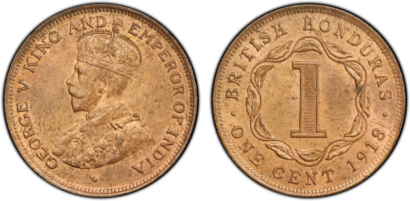 BRITISH HONDURAS: George V, 1910-1936, AE cent, 1918, KM-19, Prid-60, PCGS grade...