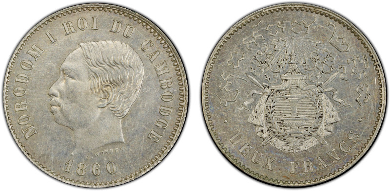 CAMBODIA: Norodom I, 1860-1904, AR 2 francs, 1860, KM-47.1, Lec-68, an attractiv...