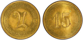 CAMBODIA: Norodom I, 1860-1904, 15 centimes token, ND, Lec-100, brass token struck for the Royal Palace in Phnom Penh, Latinized Khmer text, somdach p...