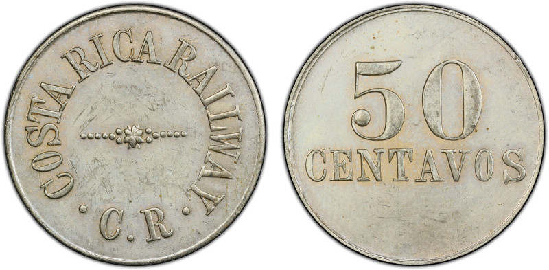 COSTA RICA: 50 centavos token, ND, Rulau-SJS42, wage token, COSTA RICA RAILWAY -...