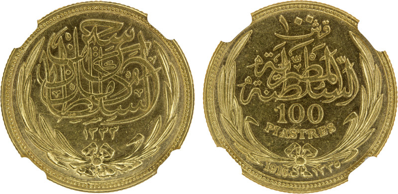 EGYPT: Hussein Kamil, 1914-1917, AV 100 piastres, 1916//AH1335, KM-324, also den...