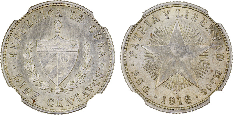 CUBA: Republic, AR 10 centavos, 1916, KM-A12, Philadelphia Mint, better date, NG...