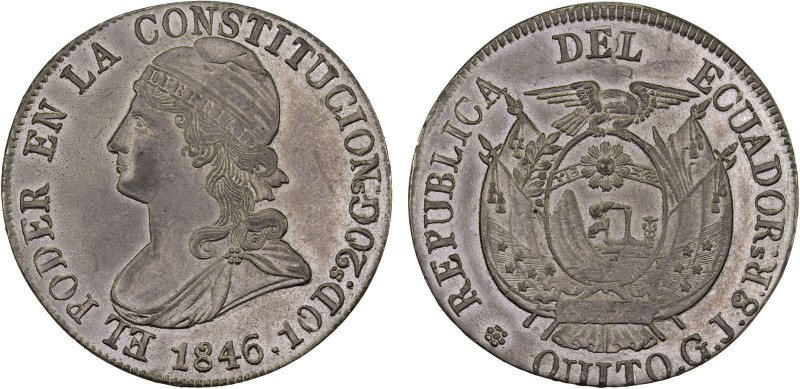 ECUADOR: Early Imitations, 8 reales (25.00g), "1846", as KM-32, assayer GJ, lead...