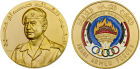 IRAQ: gilt bronze medal (117.7g), 1968, Zeno-13791, 60mm; bust of Saddam Hussein // colorized five rings and torch of the Olympics in the center, IRAQ...