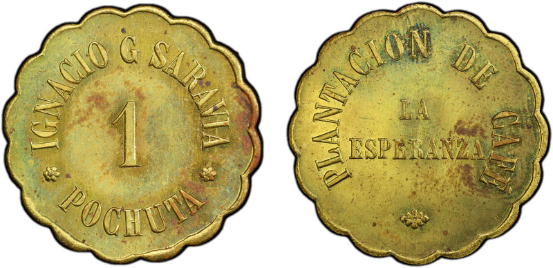 GUATEMALA: brass 1 real token, ND, Rulau-CHM24, Paiz-FE.20.05, Pochuta, Chimalte...