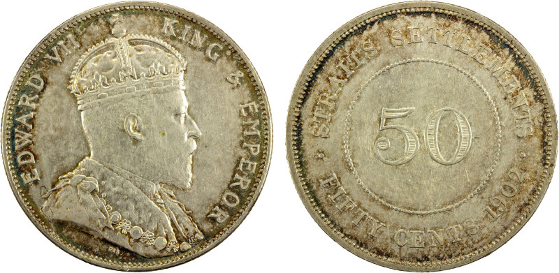 STRAITS SETTLEMENTS: Edward VII, 1901-1910, AR 50 cents, 1902, KM-23, scarce dat...