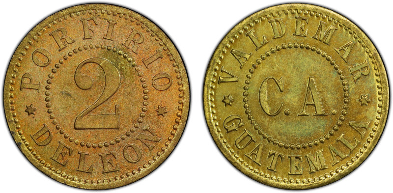 GUATEMALA: brass 2 reales token, ND, Rulau-Smc68, Paiz-FV.01.02v, PORFIRIO / DEL...