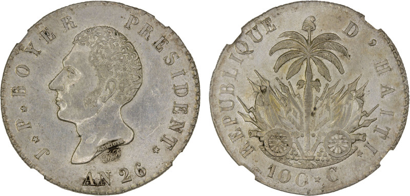 HAITI: Republic, 1825-1849, AR 100 centimes, 1829/AN 26, KM-A23, quite a bit of ...