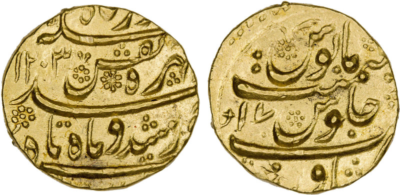 DURRANI: Taimur Shah, 1772-1793, AV mohur (10.97g), Peshawar, AH1203 year 17, A-...