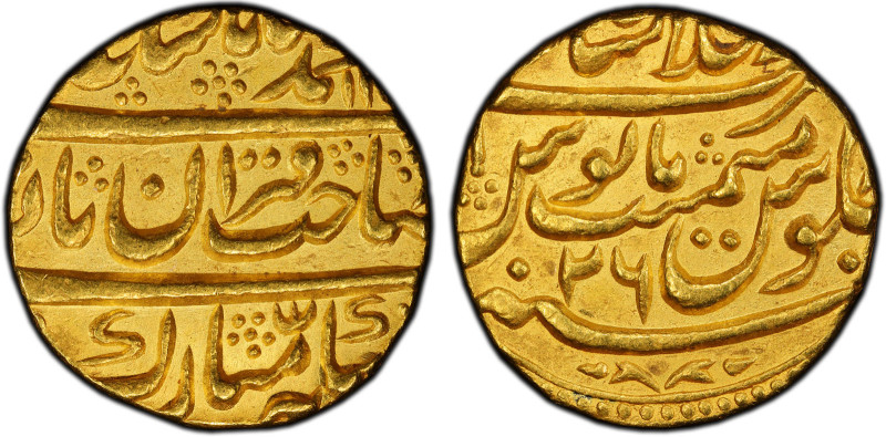 MUGHAL: Muhammad Shah, 1719-1748, AV mohur, Shahjahanabad, AH11xx year 26, KM-43...