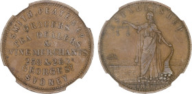 AUSTRALIA: AE ½ penny token, ND, KM-Tn210, SMITH, PEATE & Co / GROCERS / TEA DEALERS / & / WINE MERCHANTS / 258 & 260 / GEORGE St./ SYDNEY // Justice ...