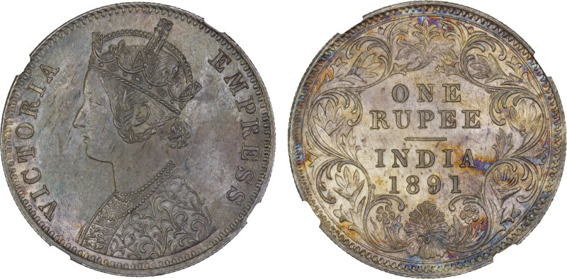 BRITISH INDIA: Victoria, Empress, 1876-1901, AR rupee, 1891-C, KM-492, NGC grade...