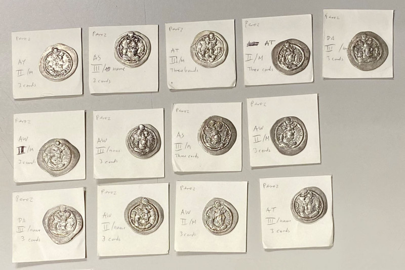 SASANIAN KINGDOM: Peroz, 457-484, LOT of 13 silver drachms, common types, includ...