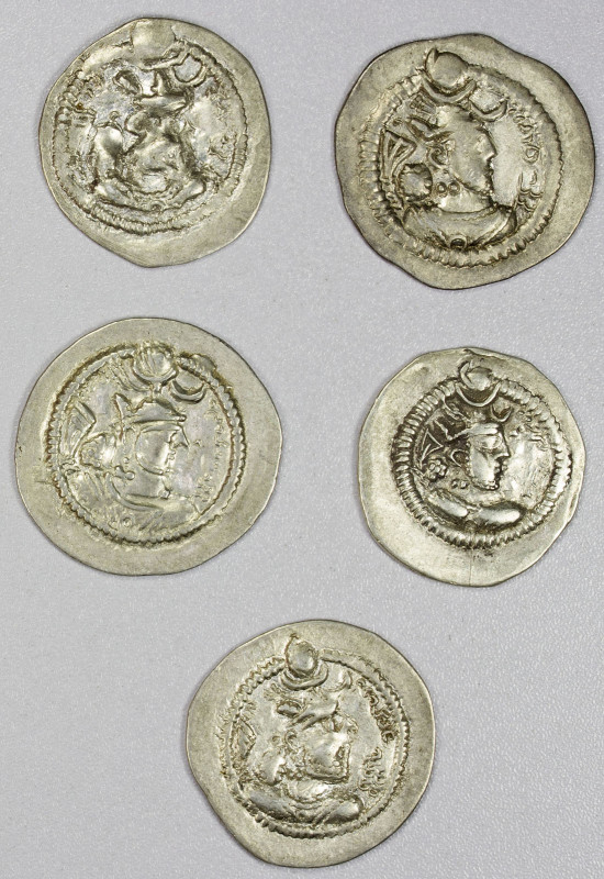 SASANIAN KINGDOM: Peroz, 457-484, LOT of 5 silver drachms, type Göbl-171, with c...