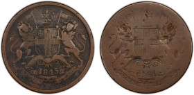 BRITISH INDIA: William IV, 1830-1837, AE 1/2 anna, 1845(c), KM-447.1, East India Company issue, obverse brockage error, PCGS graded F15. Known as a "l...