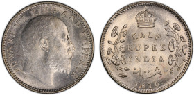 BRITISH INDIA: Edward VII, 1901-1910, AR 1/2 rupee, 1910(c), KM-507, S&W-7.70, Prid-314, a lovely mint state example and rare so nice! PCGS graded MS6...