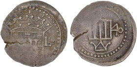 PORTUGUESE INDIA: Felipe III, 1621-1640, AR tanga (2.29g), Colombo (Ceylon) (16)40, Gom-11.01, arms between C - Lo // Gridiron of St. Lawrence divides...