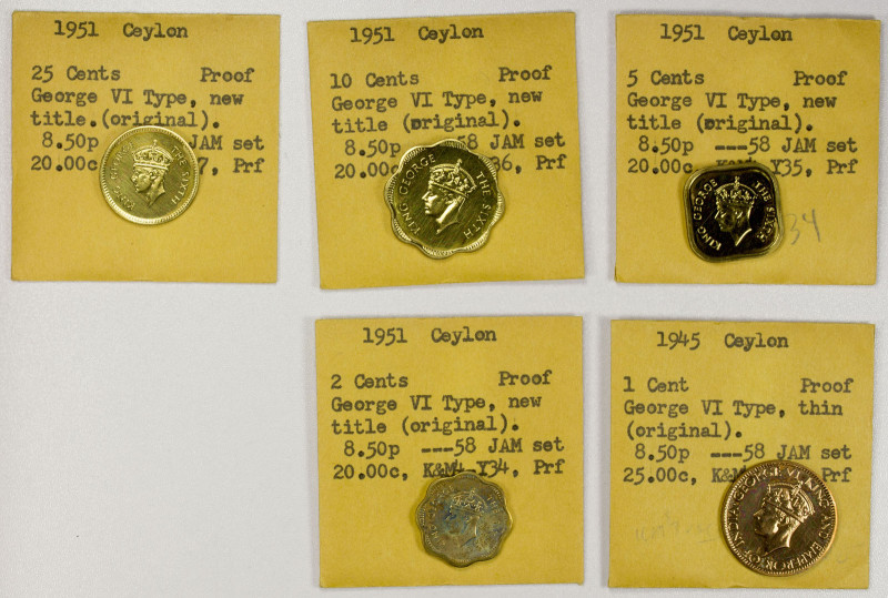 CEYLON: George VI, 1937-1952, partial proof set of 5 pieces, including 1951 (2, ...