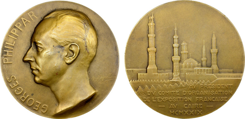 EGYPT: AE medal (148.00g), 1929, 68mm; the French Exhibition in Cairo: head of G...