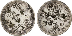 CHINESE CHOPMARKS: SPAIN: Carlos IV, 1788-1808, AR 2 reales, 1799-M, KM-430.1, assayer MF, many large Chinese merchant chopmarks, including one in Man...