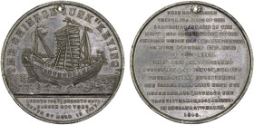 CHINA: white metal medal, 1848, BHM-2318, 45mm, medal by Thomas Halliday, "Voyage of the Junk Keying", port broadside view of the junk, mainsail set, ...