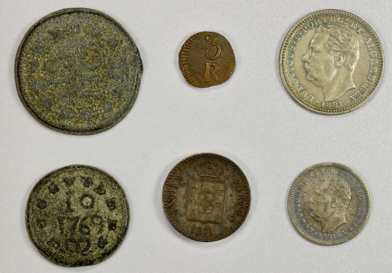 PORTUGUESE INDIA: LOT of 6 coins, including tin 15 and 10 bazarucos (reis) of 17...