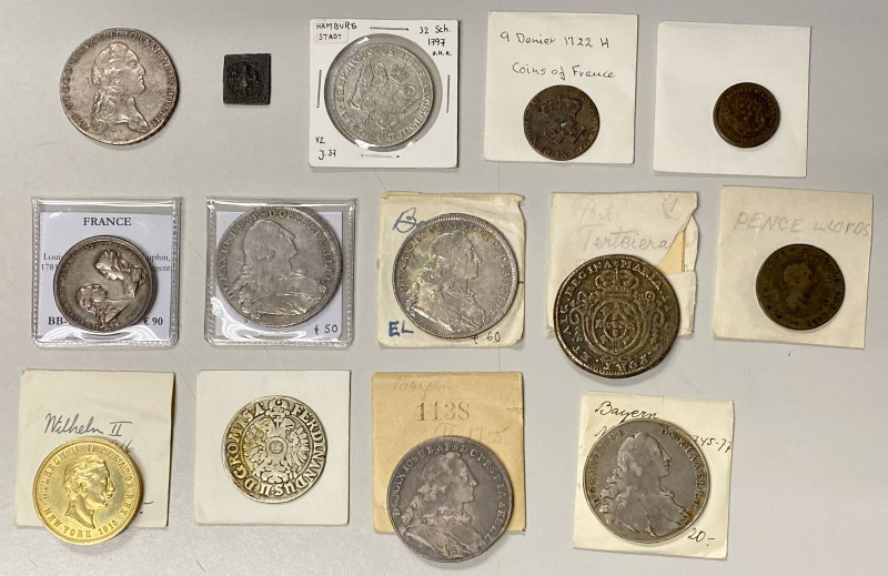 EUROPE: LOT of 14 coins, tokens, medals, and a weight, including Azores/Terceira...