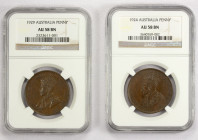 AUSTRALIA: George V, 1910-1936, LOT of 2 NGC-certified coins, KM-23, AE penny 1924 and AE penny 1929; retail value $300, lot of 2 pieces, NGC graded b...