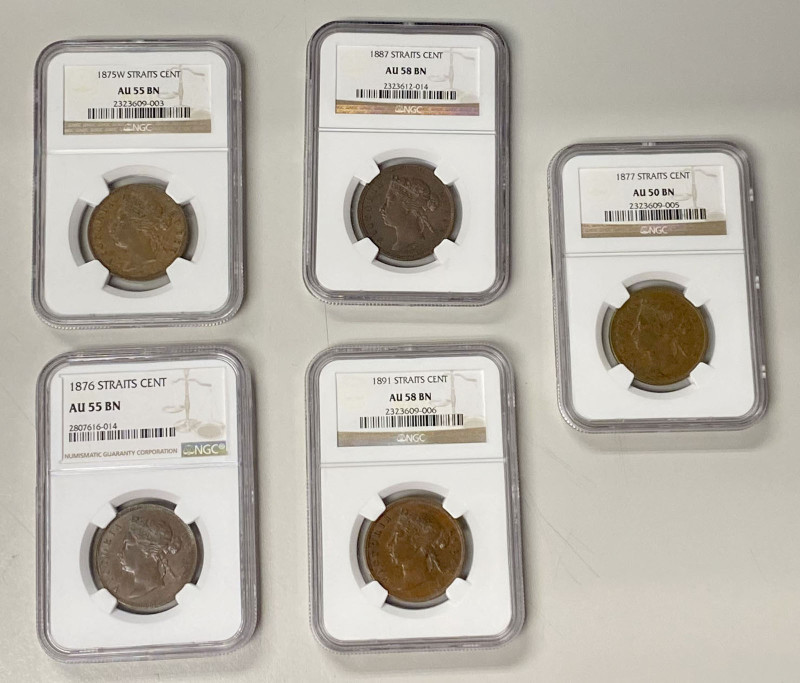 STRAITS SETTLEMENTS: Victoria, 1867-1901, LOT of 5 NGC-certified coins, includin...