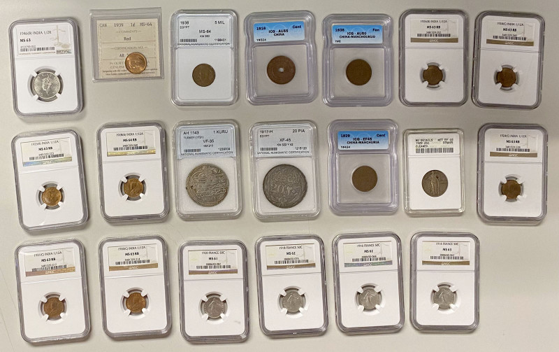 WORLDWIDE: LOT of 20 coins, includes NGC slabbed coins; France 1914(a) AR 50 cen...