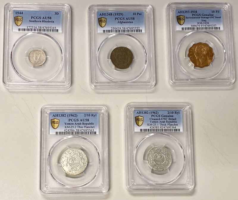 WORLDWIDE: LOT of 5 coins, includes five PCGS slabbed coins; Southern Rhodesia 3...