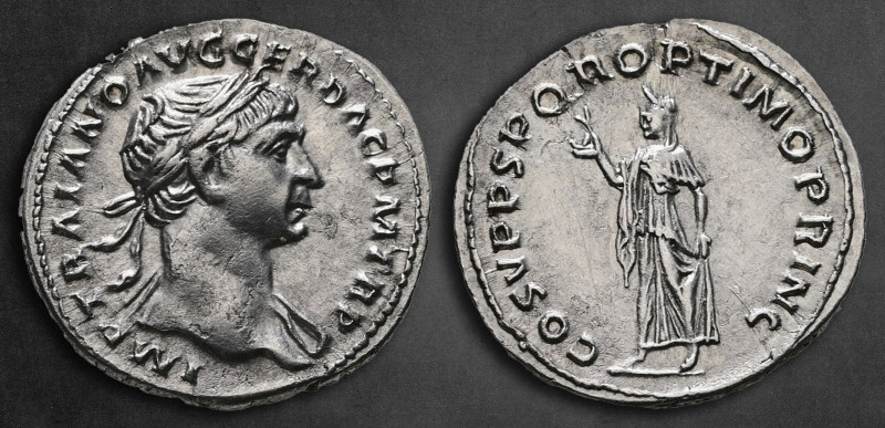 Trajan AD 98-117. Rome
Denarius AR

19 mm, 3,36 g

IMP TRAIANO AVG GER DAC ...