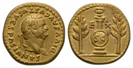 Ancient Roman Imperial Coins - Vespasian (under Titus) - Shield on Column Gold Aureus
80 AD. Rome mint. Obv: DIVVS AVGVSTVS VESPASIANVS legend with l...