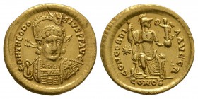 Ancient Roman Imperial Coins - Theodosius II - Constantinopolis Gold Solidus
408-420 AD. Thessalonica mint. Obv: D N THEODOSIVS P F AVG legend with h...