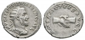 Ancient Roman Imperial Coins - Pupianus - Clasped Hands Antoninianus
April-July 238 AD. Rome mint. Obv: IMP CAES PVPIEN MAXIMVS AVG legend with radia...