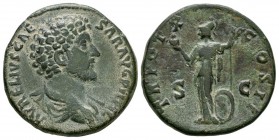 Ancient Roman Imperial Coins - Marcus Aurelius - Minerva Sestertius
155-156 AD. Rome mint. Obv: AVRELIVS CAESAR AVG PII F legend with bare head, drap...