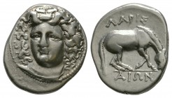 Ancient Greek Coins - Thessaly - Larissa - Horse Grazing Drachm
400-334 BC. Obv: head of nymph Larissa, three-quarters facing to left. Rev: LARIS abo...