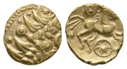 Celtic Iron Age Coins - Essex Wheels - Gold Quarter Stater
1st century BC-1st century AD. Obv: wreath, cloak and crescents, seven-spoked wheel at top...