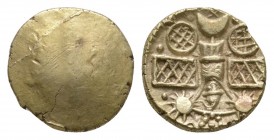 Celtic Iron Age Coins - Cantiaci - Allen's Man Gold Quarter Stater
80-20 BC. Obv: plain. Rev: stylised Roman trophy. S. 47 variant; BMC 444; ABC 195;...