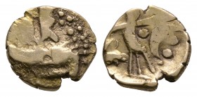 Celtic Iron Age Coins - Uninscribed Series - 'Hampshire Thunderbolt' Gold Quarter Stater
1st century BC. Obv: stylised boat with two figures. Rev: cr...