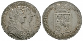 English Milled Coins - William and Mary - 1689 - L over M Halfcrown
Dated 1689 AD. First busts, first shield. Obv: jugate profile busts with GVLIELMV...