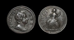 English Milled Coins - George I - 1717 - Dump Farthing
Dated 1717 AD. First issue. Obv: profile bust with GEORGIVS REX legend. Rev: Britannia seated ...