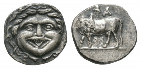 Ancient Greek Coins - Parium - Bull Hemidrachm
350-300 BC. Obv: head of Gorgoneion facing. Rev: PA-RI above and beneath bull standing left, head turn...