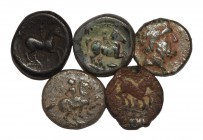 Ancient Greek Coins - Mixed Bronzes [5]
3rd century BC and later. Group comprising: Macedonia, horseman bronzes (2); with three other types. 21.70 gr...